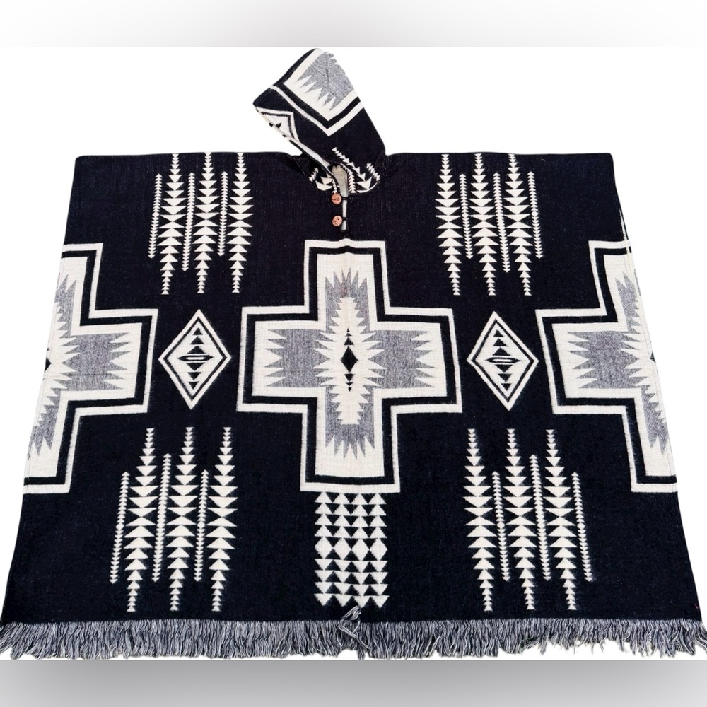 Native Alpaca Wool Poncho with geometric patterns.